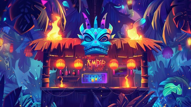 Cartoon web banner with tribal masks, torches, palm leaves, and a push button. Beach hut bar advertising with glowing fonts for an amusement establishment modern illustration.