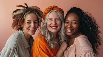 Three women with different hair colors and one wearing an orange scarf