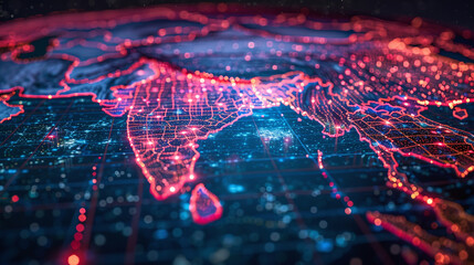 Digital map of Asia, concept of global network and connectivity, data transfer and cyber technology, business exchange, information and telecommunication