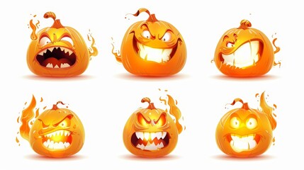 A set of Halloween squash mascots laughing, jack-o-lantern cartoon character emojis, with glowing eyes and toothy mouths.