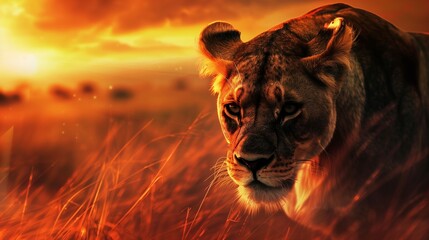 A menacing lioness glaring fiercely, her eyes ablaze with anger, against a blurred sunset backdrop...