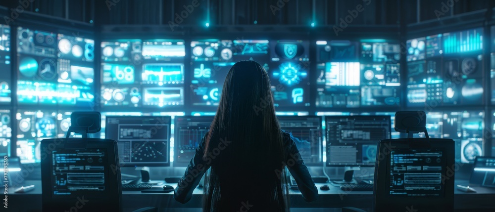 Poster an agent of the government monitors a fugitive using a computer in a large room filled with computer