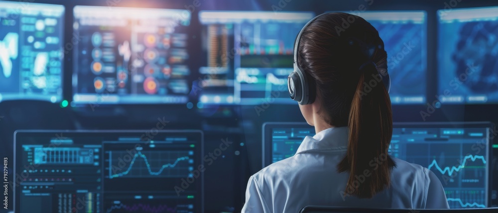 Poster working monitors show various information in the background while a female system engineer controls 