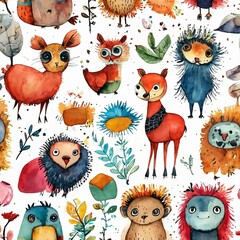 whimsical animals  scattered over the whole illustration