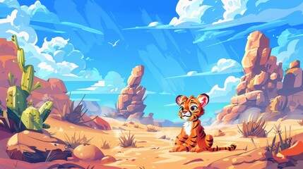 An African tiger cub playing with tumbleweed in a hot desert landscape. Wild baby predator lifestyle in a dry desert landscape with cacti and rocks, cartoon illustration.