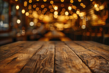 Empty wooden table top with blurred bokeh background of night bar and restaurant lights for product display montage - obrazy, fototapety, plakaty