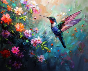 Serene themed palette knife oil painting of Hummingbird of Paradise, dramatic lighting, colorful flowers