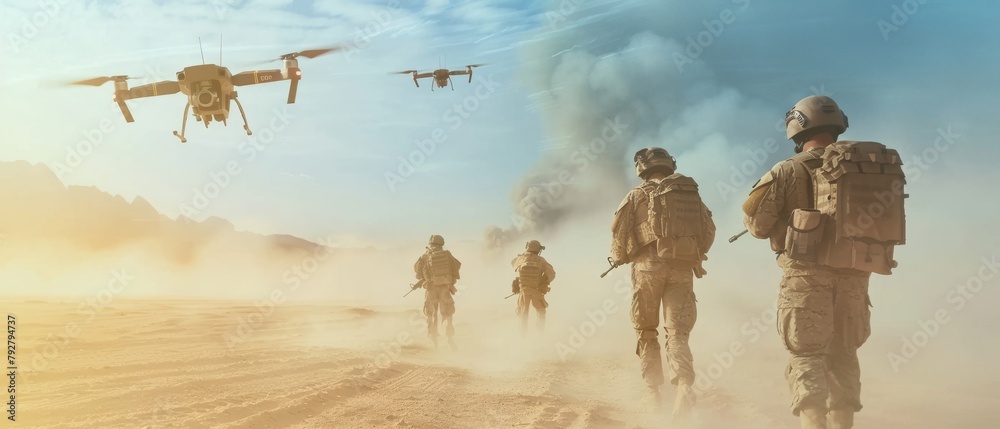 Wall mural Military operations in the desert are conducted using drones for scouting.