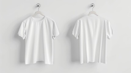 Mock-up of blank white t-shirts hanging on white wall, front and rear side views. Ready to be customized.