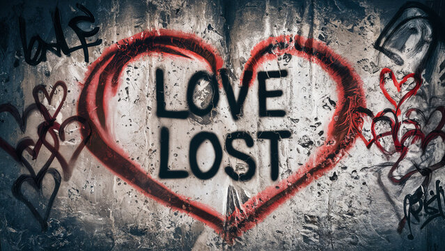 Rough grunge textured urban concrete wall with black spray painted word 'love lost' and red heart symbols on it's surface, thought provoking concept with copy space for extra text and phrases.
