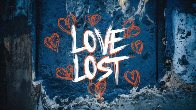 Rough grunge textured blue urban concrete wall with white spray painted word 'love lost' and orange heart symbols on it's surface, thought provoking concept with copy space for extra text and phrases.