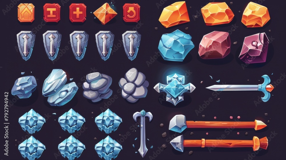 Poster you will need to set progress bars, game buttons, menu ui or gui elements. cartoon ui with stone tex
