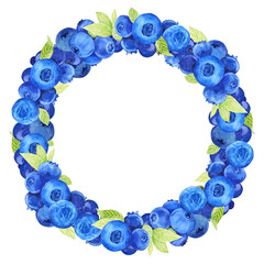 Blueberry wreath. Watercolor drawing by hand. Round frame of ripe juicy summer berries. Clipart for packaging design of farm, natural, vegetarian products.