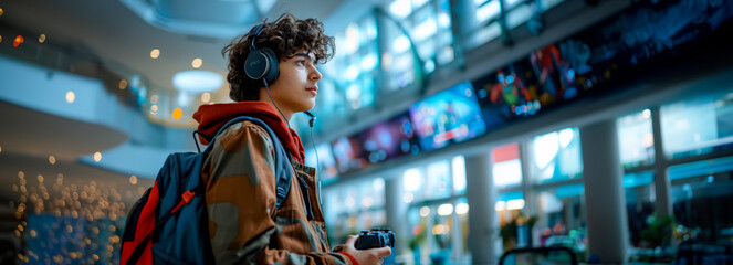 Hispanic student gamer at university: Young Latinx teen with backpack immersed in video game action.