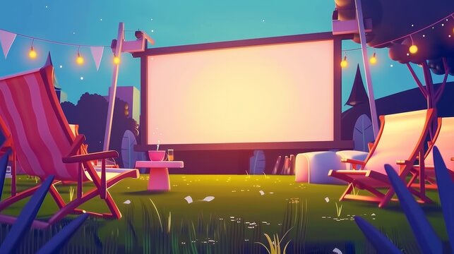 An open-air cinema on the lawn at night with a big screen, chairs and a table. Modern cartoon illustration of an outdoor movie theater in a backyard or park.