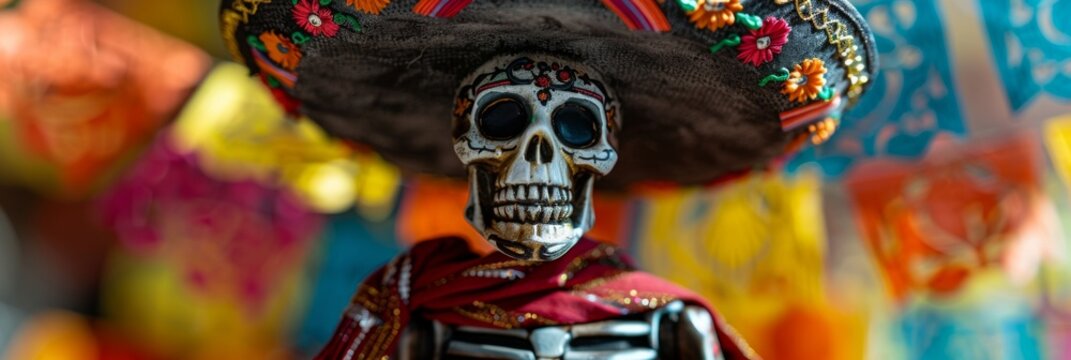Skeletal figurine dressed in colorful traditional Mexican clothing