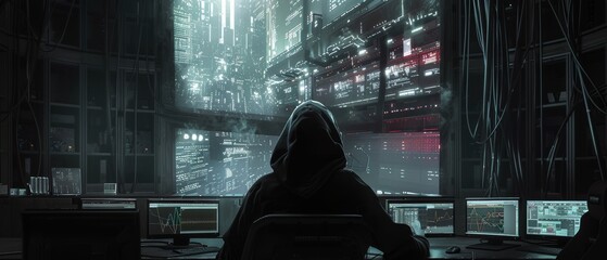 This is a shot from the back of a hooded hacker breaking into corporate data servers from his underground hideout. The atmosphere is dark, there are multiple monitors, and cables abound in the area.