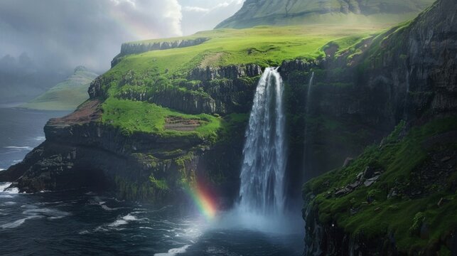 Faroe Islands, majestic waterfall, green cliff slope