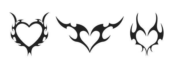 Neo tribal heart y2k aesthetic tattoo gothic cover, fire or wings abstract silhouette isolated on background. Divider, border, cyber body ornament, neotribal web goth decoration