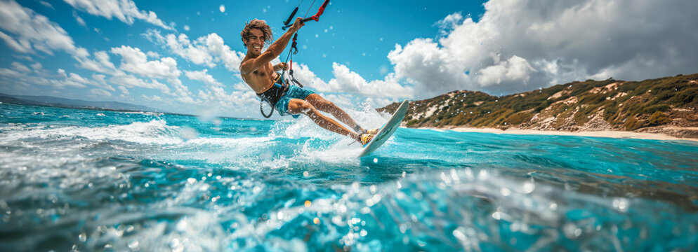 Stylish male kitesurfer catching waves in the ocean