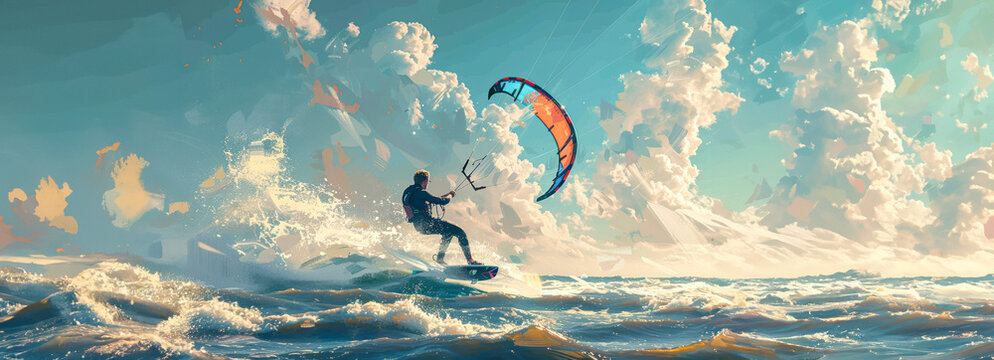 Adventurous young man riding the waves while kitesurfing in the ocean