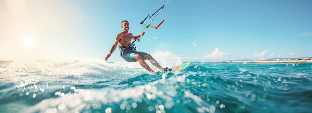 Adventurous young man gliding across the waves while kitesurfing in the ocean