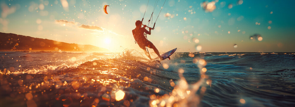 Adventurous male kitesurfer catching waves in the ocean