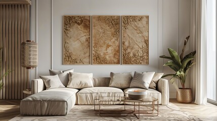 Panel wall art with champagne marble and sophisticated Art Nouveau floral patterns in muted gold