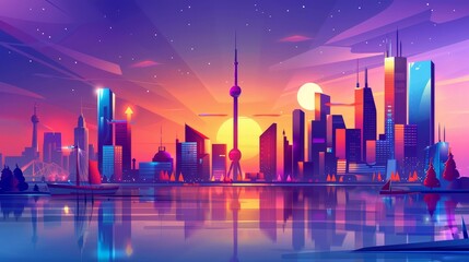 City skyline architecture near waterfront, modern megapolis with skyscrapers under purple sky 2D separated layers for game animation, cartoon modern illustration. - obrazy, fototapety, plakaty