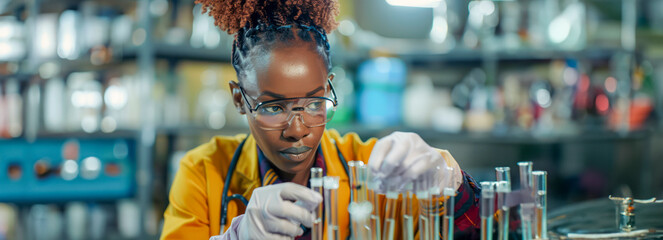 African female scientist extracting clear liquid samples from glass tubes