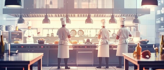 An illustrious chef prepares dishes with the assistance of cooks in a modern kitchen fashioned from stainless steel and loaded with cooking ingredients.