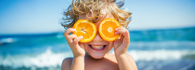 Joyful kid at seaside, giggling with eyes hidden by orange slices in hand, embodying carefree summer break vibes