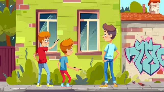 A modern cartoon illustration of teenagers with markers illustrating graffiti on a house. Concept of youth rebellion culture and vandalism. A modern cartoon illustration of teenagers drawing graffiti