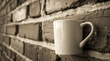 Vintage white coffee mug hanging on the brick wall. 