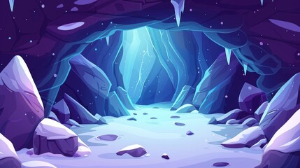 The entrance to a cave in a mountain landscape filled with snow and ice. Cartoon background with an underground tunnel or cavern, nature hollow, Canadian highlands. - obrazy, fototapety, plakaty