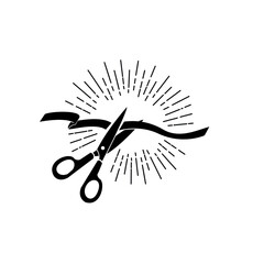 cutting ribbon ceremony  silhouette with sunburst icon vector