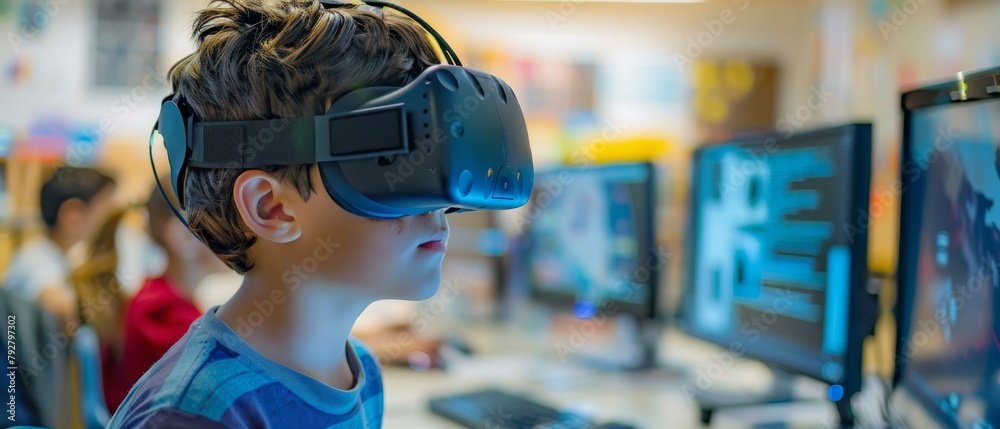 Poster computer science student wearing a virtual reality headset works on programming project.