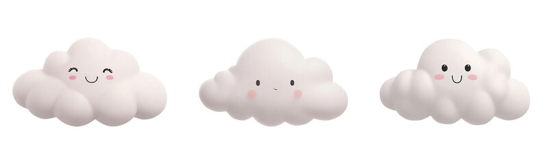 set of cute cloud curve 3d render illustration. cloud emoji. on isolate background	
