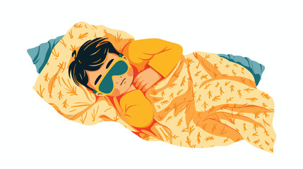 Child teenager asleep in sleeping mask in bed. Kid ly - obrazy, fototapety, plakaty