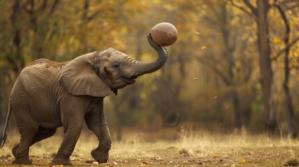 A playful elephant juggling a football with its trunk, displaying remarkable dexterity and...