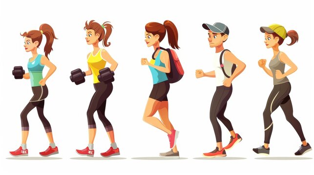 Modern horizontal banners with cartoon girls holding dumbbells, jogging women and a man in sports clothes. Sport activity banners with workouts, yoga, and fitness images.