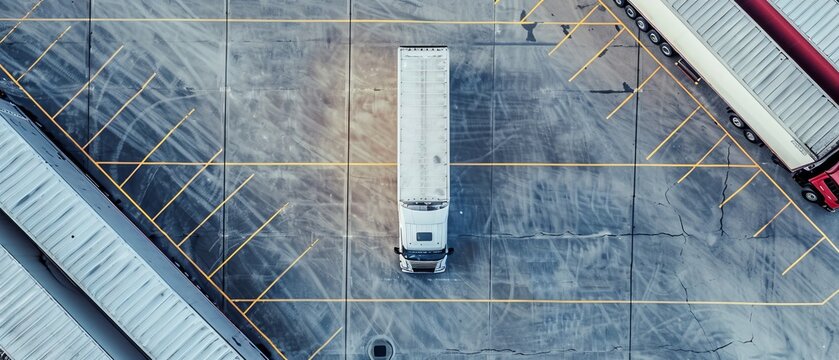 The aerial view shows a white semi truck with cargo trailer parked with other trucks in a special parking lot.