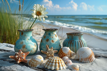 Muscheln und blaue Vintage Vasen vor Strand und Meereskulisse. Maritimes Stillleben. 