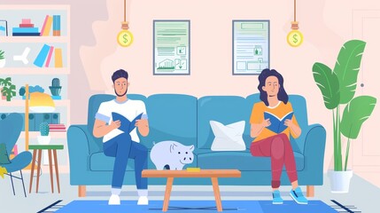 Couple plan their family budget, manage their finances and save money. Modern flat illustration of house interior with coin and financial bill holder.
