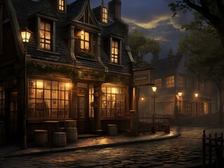 A tavern at night with a dark blue sky and a cobblestone street.