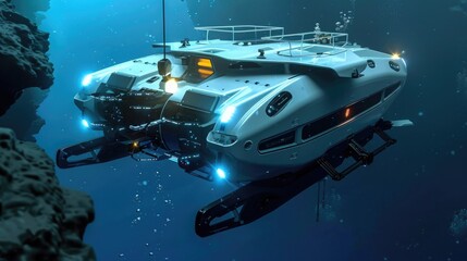 An autonomous underwater research vessel, equipped with sensors and robotic arms for exploring deep-sea ecosystems and conducting scientific experiments in remote oceanic environments.