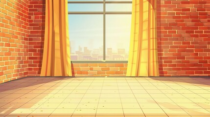 Cartoon illustration of an empty room with a brick wall decor, a tiled floor, and a window with yellow curtains. Abstract studio, office, kitchen indoor Cartoon illustration.