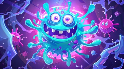 Animated bacteria character with humorous face. Big eyes, long flagella, pathogen microbe, microbiology science organism, alien monster, modern illustration.