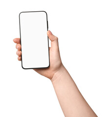 Woman holding smartphone with blank screen on white background, closeup. Mockup for design