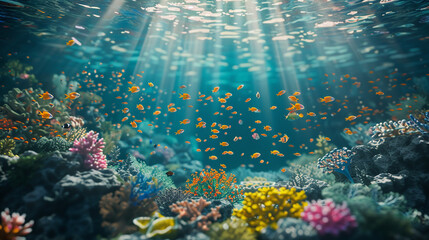 Fototapeta na wymiar 3D visualization of a serene underwater world, coral reefs bustling with colorful fish, sun rays filtering through water,
